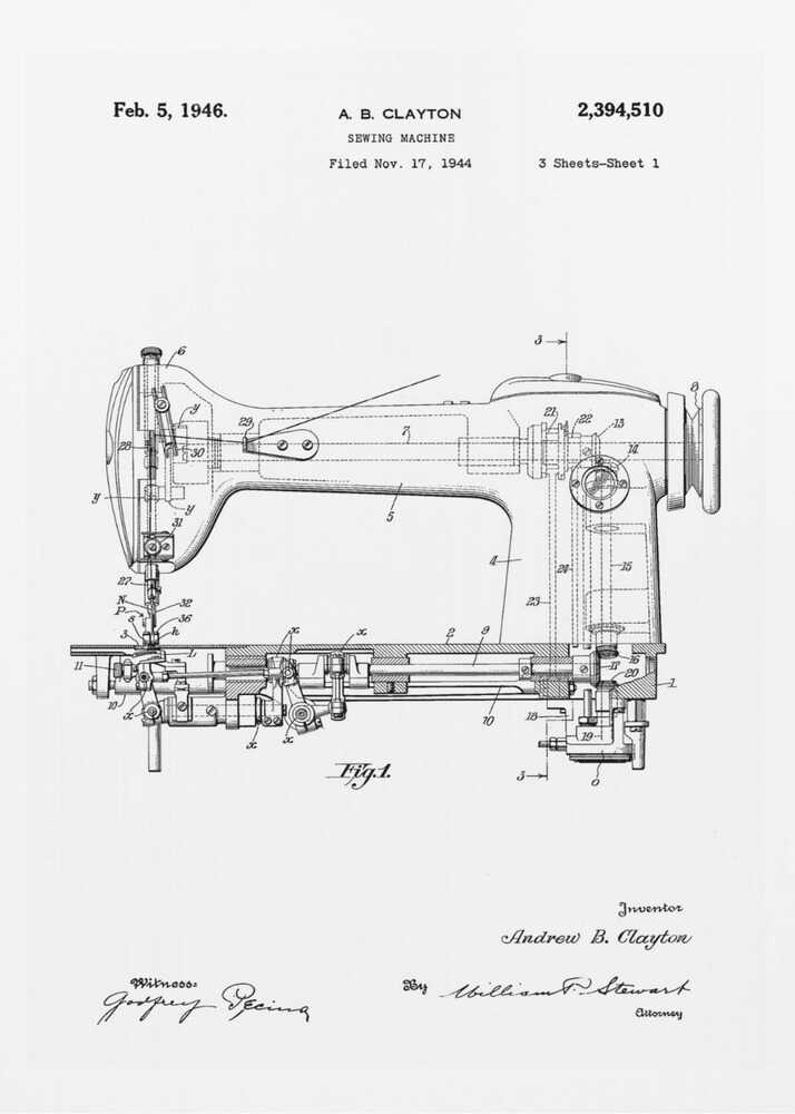 A framed, black and white patent illustration of a sewing machine, dated February 5, 1946. The technical drawing shows a detailed side-view and cross-section of the machine, with various parts numbered. Text at the top identifies the inventor, A. B. Clayton, the patent number 2,394,510, and the filing date. Signatures of the inventor and witnesses are visible at the bottom. Artwork