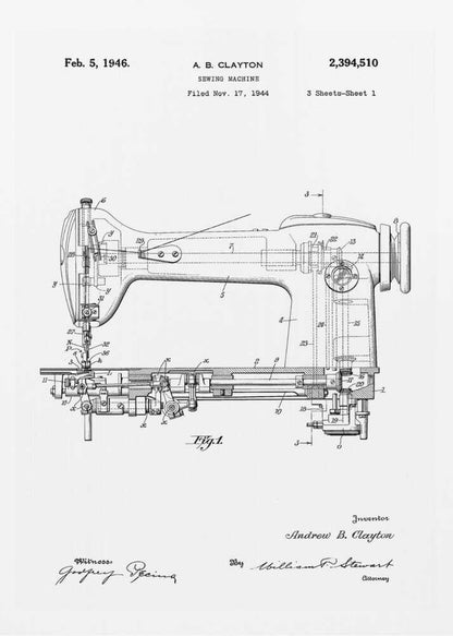 A framed, black and white patent illustration of a sewing machine, dated February 5, 1946. The technical drawing shows a detailed side-view and cross-section of the machine, with various parts numbered. Text at the top identifies the inventor, A. B. Clayton, the patent number 2,394,510, and the filing date. Signatures of the inventor and witnesses are visible at the bottom. Artwork