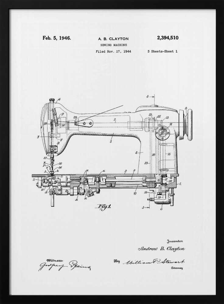A framed, black and white patent illustration of a sewing machine, dated February 5, 1946. The technical drawing shows a detailed side-view and cross-section of the machine, with various parts numbered. Text at the top identifies the inventor, A. B. Clayton, the patent number 2,394,510, and the filing date. Signatures of the inventor and witnesses are visible at the bottom. Artwork
