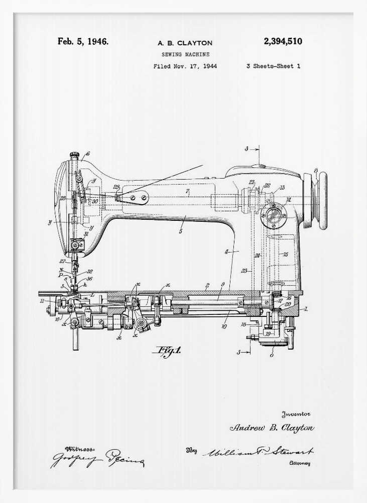 A framed, black and white patent illustration of a sewing machine, dated February 5, 1946. The technical drawing shows a detailed side-view and cross-section of the machine, with various parts numbered. Text at the top identifies the inventor, A. B. Clayton, the patent number 2,394,510, and the filing date. Signatures of the inventor and witnesses are visible at the bottom. Artwork
