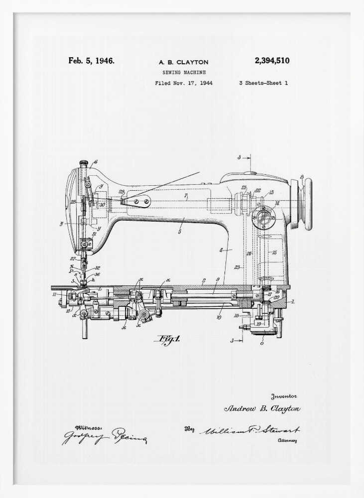 A framed, black and white patent illustration of a sewing machine, dated February 5, 1946. The technical drawing shows a detailed side-view and cross-section of the machine, with various parts numbered. Text at the top identifies the inventor, A. B. Clayton, the patent number 2,394,510, and the filing date. Signatures of the inventor and witnesses are visible at the bottom. Artwork