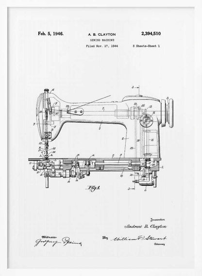 A framed, black and white patent illustration of a sewing machine, dated February 5, 1946. The technical drawing shows a detailed side-view and cross-section of the machine, with various parts numbered. Text at the top identifies the inventor, A. B. Clayton, the patent number 2,394,510, and the filing date. Signatures of the inventor and witnesses are visible at the bottom. Artwork