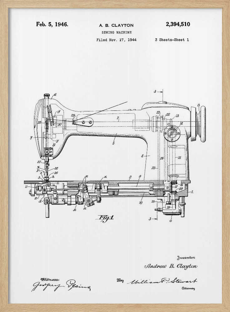 A framed, black and white patent illustration of a sewing machine, dated February 5, 1946. The technical drawing shows a detailed side-view and cross-section of the machine, with various parts numbered. Text at the top identifies the inventor, A. B. Clayton, the patent number 2,394,510, and the filing date. Signatures of the inventor and witnesses are visible at the bottom. Artwork