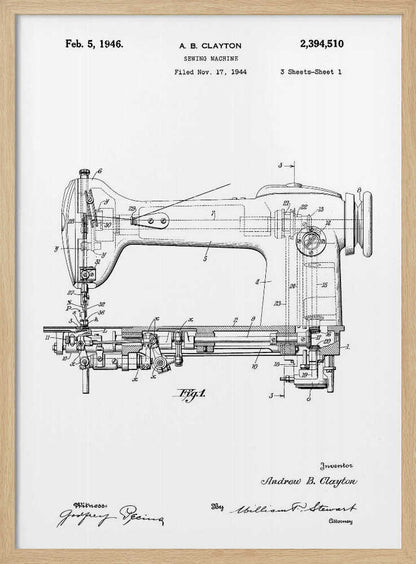 A framed, black and white patent illustration of a sewing machine, dated February 5, 1946. The technical drawing shows a detailed side-view and cross-section of the machine, with various parts numbered. Text at the top identifies the inventor, A. B. Clayton, the patent number 2,394,510, and the filing date. Signatures of the inventor and witnesses are visible at the bottom. Artwork