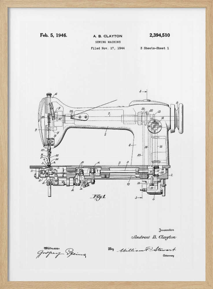 A framed, black and white patent illustration of a sewing machine, dated February 5, 1946. The technical drawing shows a detailed side-view and cross-section of the machine, with various parts numbered. Text at the top identifies the inventor, A. B. Clayton, the patent number 2,394,510, and the filing date. Signatures of the inventor and witnesses are visible at the bottom. Artwork