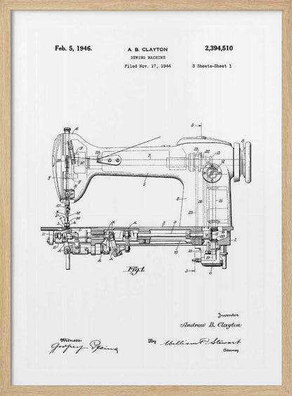 A framed, black and white patent illustration of a sewing machine, dated February 5, 1946. The technical drawing shows a detailed side-view and cross-section of the machine, with various parts numbered. Text at the top identifies the inventor, A. B. Clayton, the patent number 2,394,510, and the filing date. Signatures of the inventor and witnesses are visible at the bottom. Artwork