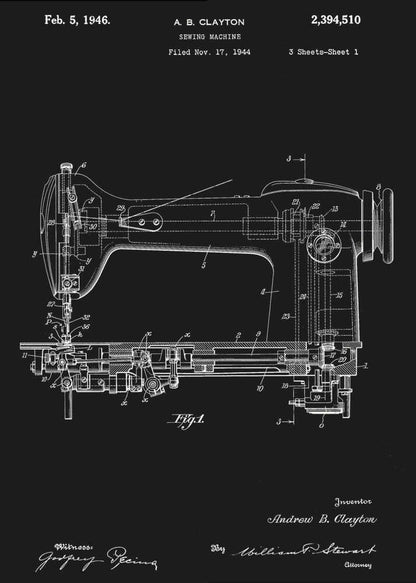 A vintage patent illustration of a sewing machine from 1946, presented as a white line drawing on a black background. The detailed schematic shows the side view of the machine with all its mechanical components labeled. Text at the top indicates the patent number, inventor A. B. Clayton, and filing dates. Signatures are visible at the bottom. The entire print is framed in black. Print