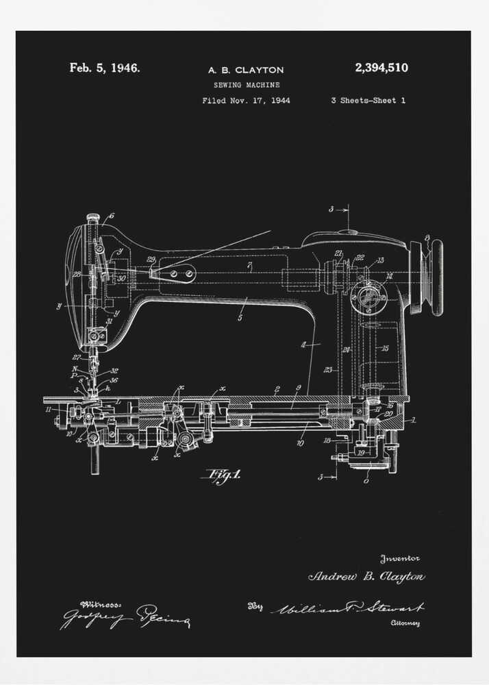 A vintage patent illustration of a sewing machine from 1946, presented as a white line drawing on a black background. The detailed schematic shows the side view of the machine with all its mechanical components labeled. Text at the top indicates the patent number, inventor A. B. Clayton, and filing dates. Signatures are visible at the bottom. The entire print is framed in black. Print