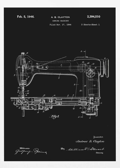 A vintage patent illustration of a sewing machine from 1946, presented as a white line drawing on a black background. The detailed schematic shows the side view of the machine with all its mechanical components labeled. Text at the top indicates the patent number, inventor A. B. Clayton, and filing dates. Signatures are visible at the bottom. The entire print is framed in black. Print