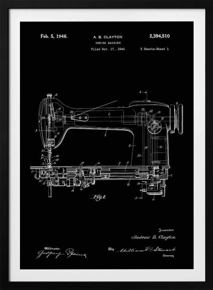 A vintage patent illustration of a sewing machine from 1946, presented as a white line drawing on a black background. The detailed schematic shows the side view of the machine with all its mechanical components labeled. Text at the top indicates the patent number, inventor A. B. Clayton, and filing dates. Signatures are visible at the bottom. The entire print is framed in black. Print