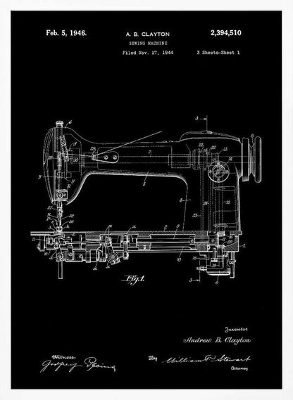 A vintage patent illustration of a sewing machine from 1946, presented as a white line drawing on a black background. The detailed schematic shows the side view of the machine with all its mechanical components labeled. Text at the top indicates the patent number, inventor A. B. Clayton, and filing dates. Signatures are visible at the bottom. The entire print is framed in black. Print