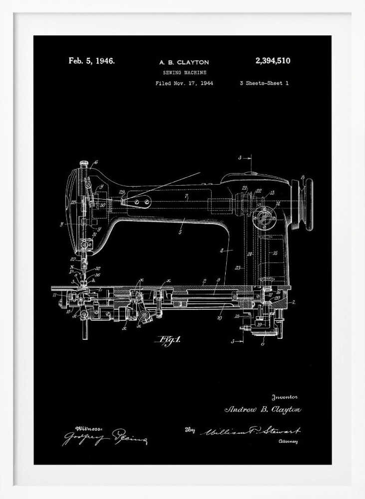 A vintage patent illustration of a sewing machine from 1946, presented as a white line drawing on a black background. The detailed schematic shows the side view of the machine with all its mechanical components labeled. Text at the top indicates the patent number, inventor A. B. Clayton, and filing dates. Signatures are visible at the bottom. The entire print is framed in black. Print