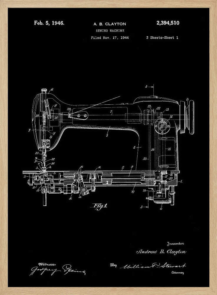 A vintage patent illustration of a sewing machine from 1946, presented as a white line drawing on a black background. The detailed schematic shows the side view of the machine with all its mechanical components labeled. Text at the top indicates the patent number, inventor A. B. Clayton, and filing dates. Signatures are visible at the bottom. The entire print is framed in black. Print