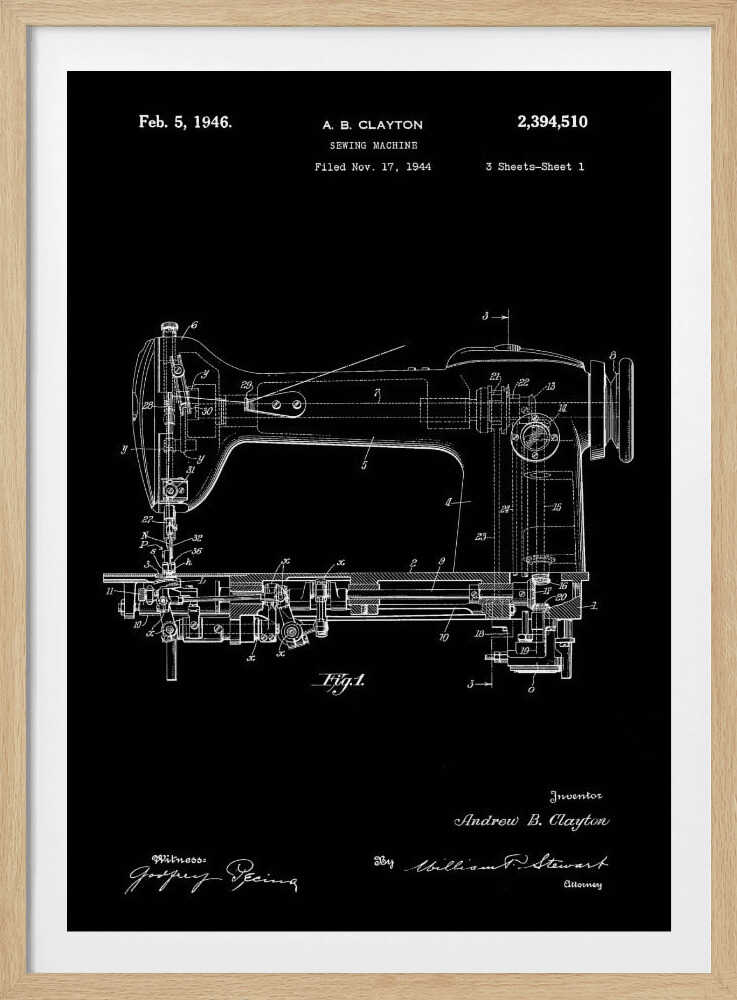 A vintage patent illustration of a sewing machine from 1946, presented as a white line drawing on a black background. The detailed schematic shows the side view of the machine with all its mechanical components labeled. Text at the top indicates the patent number, inventor A. B. Clayton, and filing dates. Signatures are visible at the bottom. The entire print is framed in black. Print