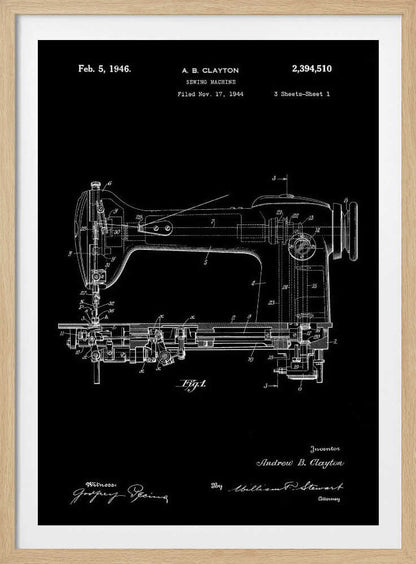 A vintage patent illustration of a sewing machine from 1946, presented as a white line drawing on a black background. The detailed schematic shows the side view of the machine with all its mechanical components labeled. Text at the top indicates the patent number, inventor A. B. Clayton, and filing dates. Signatures are visible at the bottom. The entire print is framed in black. Print