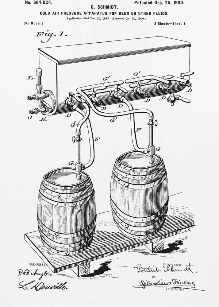 A framed black and white patent illustration for G. Schmidt's 'Cold Air Pressure Apparatus for Beer or Other Fluids,' patented December 25, 1900. The diagram shows two wooden barrels connected by a complex system of pipes and taps. Wall Art