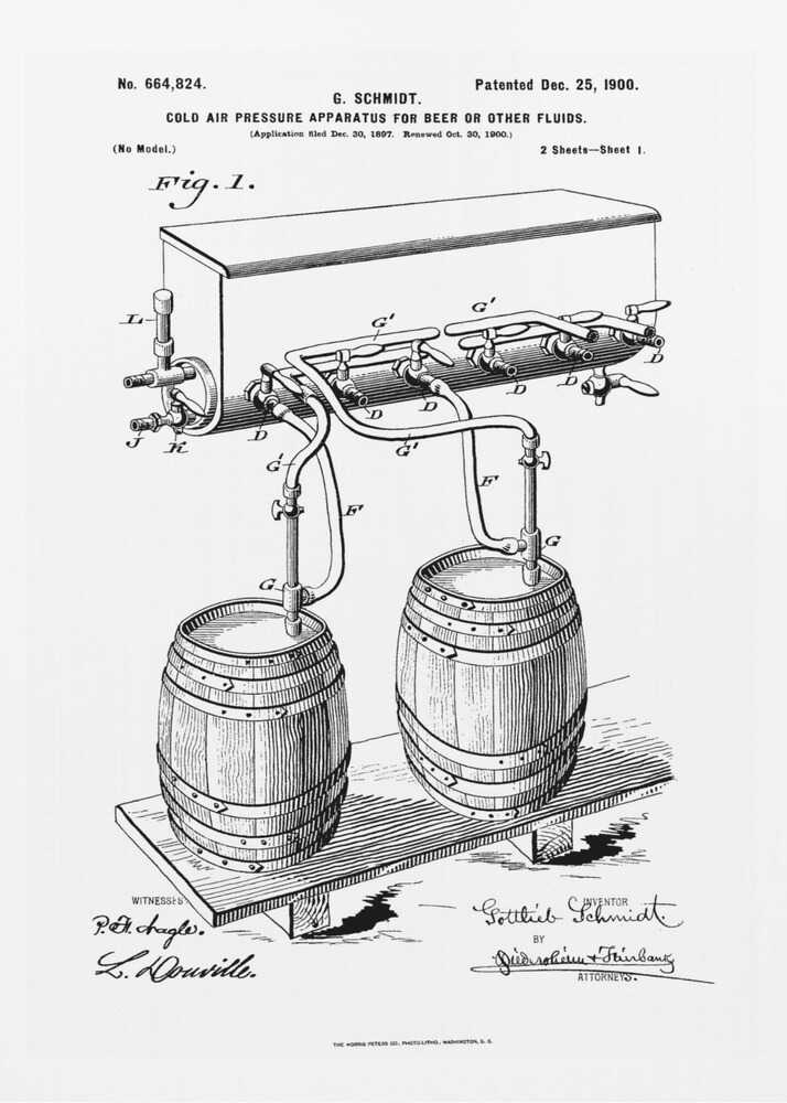 A framed black and white patent illustration for G. Schmidt's 'Cold Air Pressure Apparatus for Beer or Other Fluids,' patented December 25, 1900. The diagram shows two wooden barrels connected by a complex system of pipes and taps. Wall Art