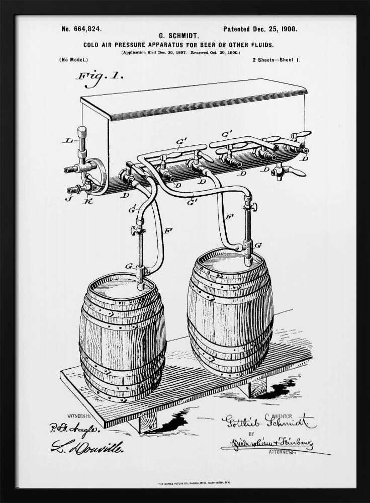 A framed black and white patent illustration for G. Schmidt's 'Cold Air Pressure Apparatus for Beer or Other Fluids,' patented December 25, 1900. The diagram shows two wooden barrels connected by a complex system of pipes and taps. Wall Art