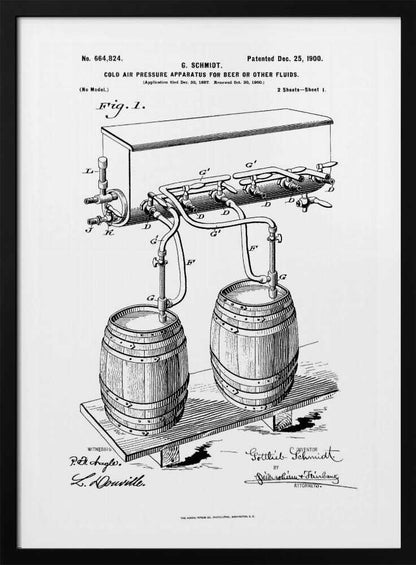 A framed black and white patent illustration for G. Schmidt's 'Cold Air Pressure Apparatus for Beer or Other Fluids,' patented December 25, 1900. The diagram shows two wooden barrels connected by a complex system of pipes and taps. Wall Art