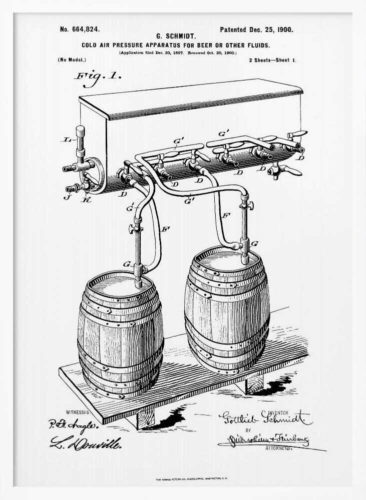 A framed black and white patent illustration for G. Schmidt's 'Cold Air Pressure Apparatus for Beer or Other Fluids,' patented December 25, 1900. The diagram shows two wooden barrels connected by a complex system of pipes and taps. Wall Art