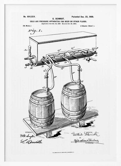 A framed black and white patent illustration for G. Schmidt's 'Cold Air Pressure Apparatus for Beer or Other Fluids,' patented December 25, 1900. The diagram shows two wooden barrels connected by a complex system of pipes and taps. Wall Art