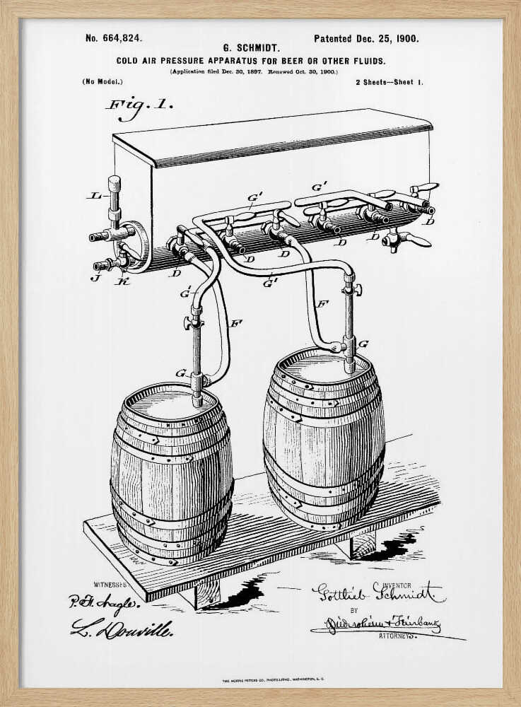 A framed black and white patent illustration for G. Schmidt's 'Cold Air Pressure Apparatus for Beer or Other Fluids,' patented December 25, 1900. The diagram shows two wooden barrels connected by a complex system of pipes and taps. Wall Art