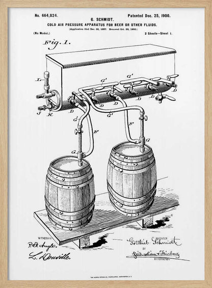 A framed black and white patent illustration for G. Schmidt's 'Cold Air Pressure Apparatus for Beer or Other Fluids,' patented December 25, 1900. The diagram shows two wooden barrels connected by a complex system of pipes and taps. Wall Art