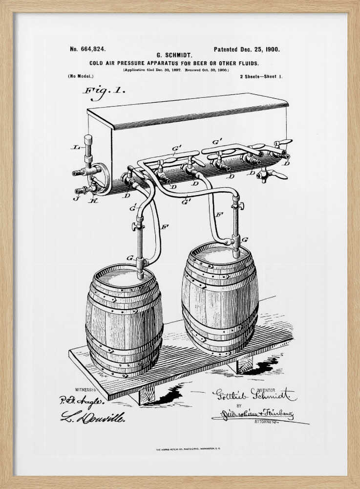 A framed black and white patent illustration for G. Schmidt's 'Cold Air Pressure Apparatus for Beer or Other Fluids,' patented December 25, 1900. The diagram shows two wooden barrels connected by a complex system of pipes and taps. Wall Art