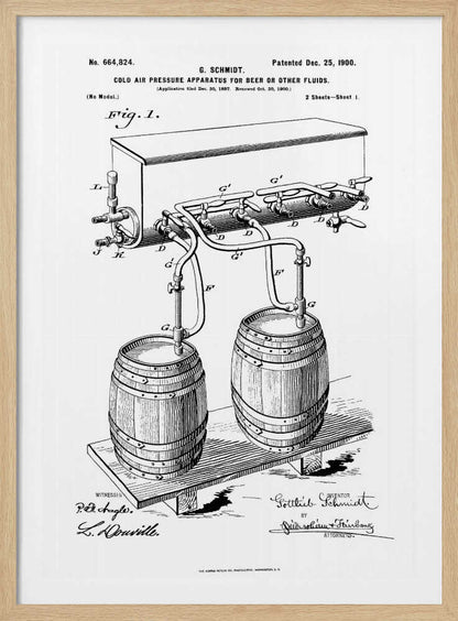 A framed black and white patent illustration for G. Schmidt's 'Cold Air Pressure Apparatus for Beer or Other Fluids,' patented December 25, 1900. The diagram shows two wooden barrels connected by a complex system of pipes and taps. Wall Art