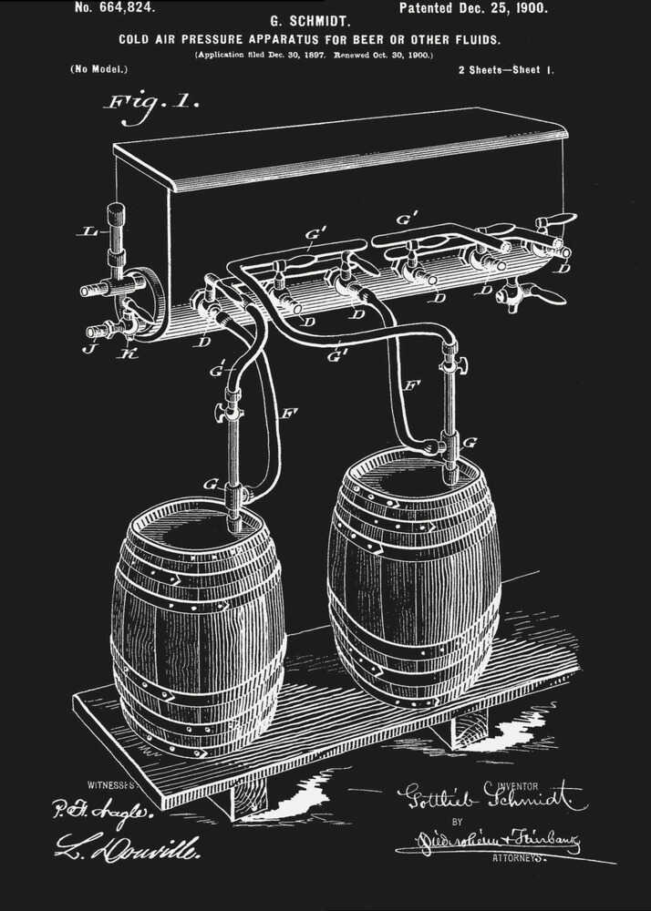 A vintage patent illustration from 1900 for a 'Cold Air Pressure Apparatus for Beer.' The technical drawing, in white lines on a black background, shows two wooden barrels connected by a system of pipes and taps to an overhead cooling unit. The print includes text, diagrams, and signatures, typical of an old blueprint. Wall Art