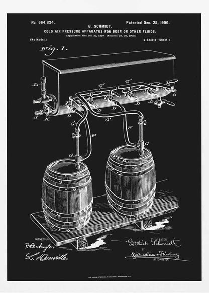 A vintage patent illustration from 1900 for a 'Cold Air Pressure Apparatus for Beer.' The technical drawing, in white lines on a black background, shows two wooden barrels connected by a system of pipes and taps to an overhead cooling unit. The print includes text, diagrams, and signatures, typical of an old blueprint. Wall Art