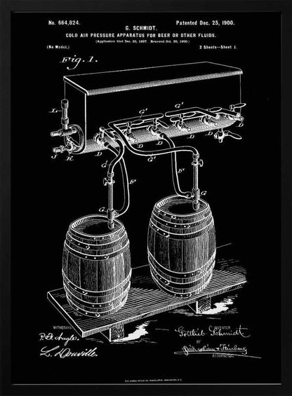 A vintage patent illustration from 1900 for a 'Cold Air Pressure Apparatus for Beer.' The technical drawing, in white lines on a black background, shows two wooden barrels connected by a system of pipes and taps to an overhead cooling unit. The print includes text, diagrams, and signatures, typical of an old blueprint. Wall Art