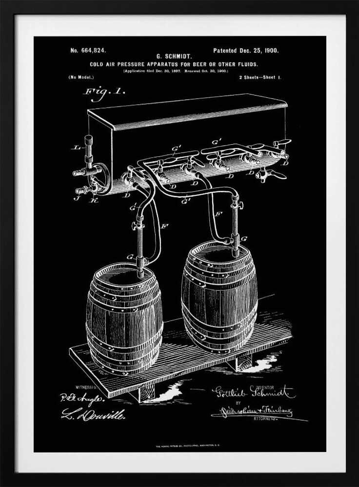 A vintage patent illustration from 1900 for a 'Cold Air Pressure Apparatus for Beer.' The technical drawing, in white lines on a black background, shows two wooden barrels connected by a system of pipes and taps to an overhead cooling unit. The print includes text, diagrams, and signatures, typical of an old blueprint. Wall Art