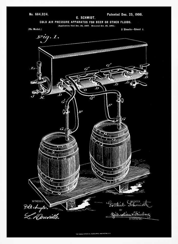 A vintage patent illustration from 1900 for a 'Cold Air Pressure Apparatus for Beer.' The technical drawing, in white lines on a black background, shows two wooden barrels connected by a system of pipes and taps to an overhead cooling unit. The print includes text, diagrams, and signatures, typical of an old blueprint. Wall Art