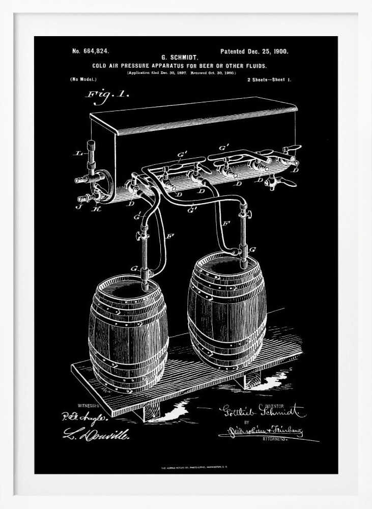 A vintage patent illustration from 1900 for a 'Cold Air Pressure Apparatus for Beer.' The technical drawing, in white lines on a black background, shows two wooden barrels connected by a system of pipes and taps to an overhead cooling unit. The print includes text, diagrams, and signatures, typical of an old blueprint. Wall Art