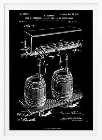 A vintage patent illustration from 1900 for a 'Cold Air Pressure Apparatus for Beer.' The technical drawing, in white lines on a black background, shows two wooden barrels connected by a system of pipes and taps to an overhead cooling unit. The print includes text, diagrams, and signatures, typical of an old blueprint. Wall Art
