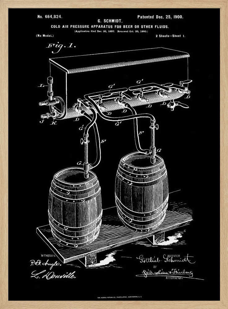 A vintage patent illustration from 1900 for a 'Cold Air Pressure Apparatus for Beer.' The technical drawing, in white lines on a black background, shows two wooden barrels connected by a system of pipes and taps to an overhead cooling unit. The print includes text, diagrams, and signatures, typical of an old blueprint. Wall Art