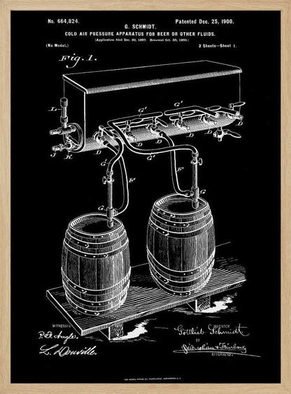A vintage patent illustration from 1900 for a 'Cold Air Pressure Apparatus for Beer.' The technical drawing, in white lines on a black background, shows two wooden barrels connected by a system of pipes and taps to an overhead cooling unit. The print includes text, diagrams, and signatures, typical of an old blueprint. Wall Art