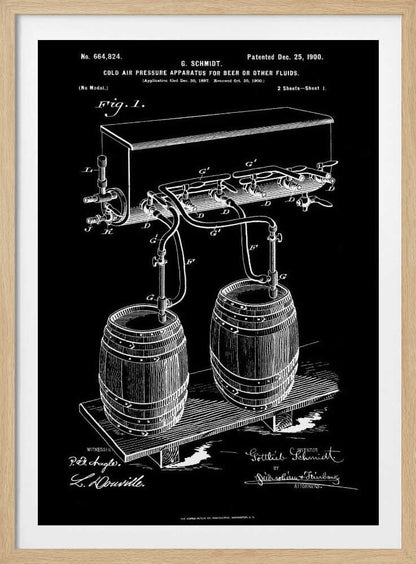 A vintage patent illustration from 1900 for a 'Cold Air Pressure Apparatus for Beer.' The technical drawing, in white lines on a black background, shows two wooden barrels connected by a system of pipes and taps to an overhead cooling unit. The print includes text, diagrams, and signatures, typical of an old blueprint. Wall Art