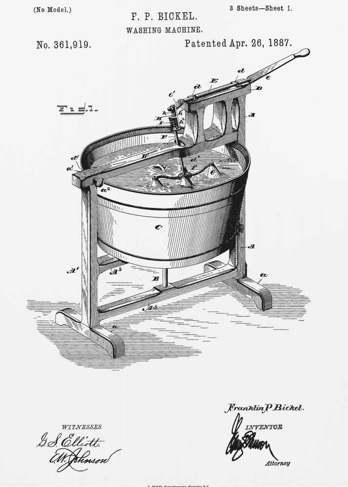 A framed black and white patent illustration for F. P. Bickel's washing machine, patented April 26, 1887. The detailed technical drawing shows an early manual washing machine with a tub on a stand and a hand-cranked agitator. Decor