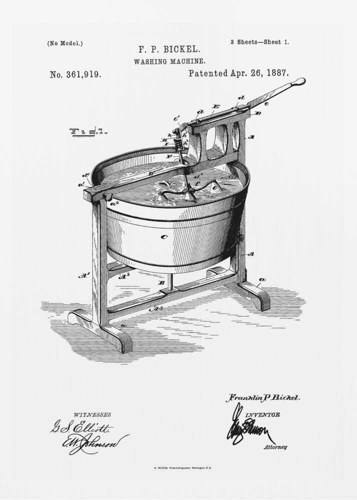 A framed black and white patent illustration for F. P. Bickel's washing machine, patented April 26, 1887. The detailed technical drawing shows an early manual washing machine with a tub on a stand and a hand-cranked agitator. Decor
