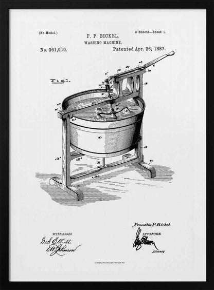 A framed black and white patent illustration for F. P. Bickel's washing machine, patented April 26, 1887. The detailed technical drawing shows an early manual washing machine with a tub on a stand and a hand-cranked agitator. Decor