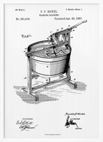 A framed black and white patent illustration for F. P. Bickel's washing machine, patented April 26, 1887. The detailed technical drawing shows an early manual washing machine with a tub on a stand and a hand-cranked agitator. Decor