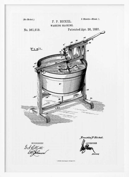 A framed black and white patent illustration for F. P. Bickel's washing machine, patented April 26, 1887. The detailed technical drawing shows an early manual washing machine with a tub on a stand and a hand-cranked agitator. Decor