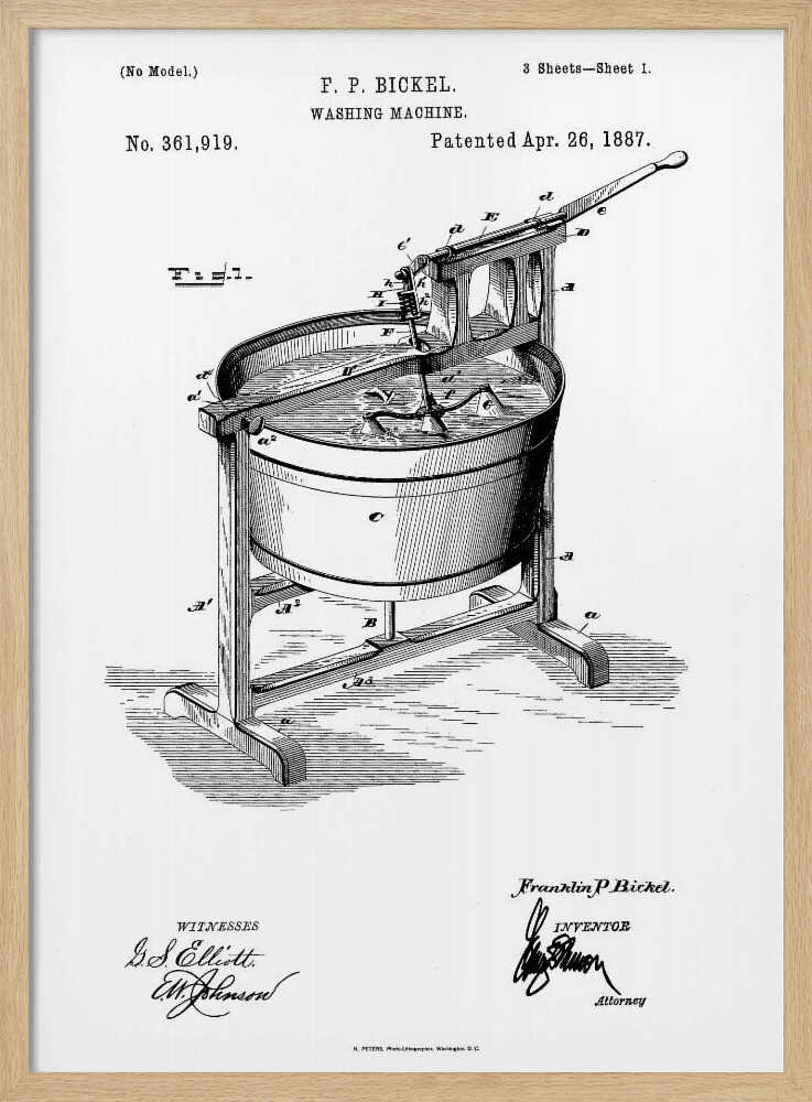 A framed black and white patent illustration for F. P. Bickel's washing machine, patented April 26, 1887. The detailed technical drawing shows an early manual washing machine with a tub on a stand and a hand-cranked agitator. Decor