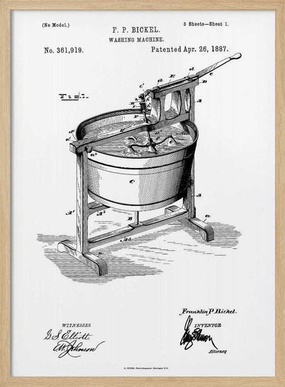 A framed black and white patent illustration for F. P. Bickel's washing machine, patented April 26, 1887. The detailed technical drawing shows an early manual washing machine with a tub on a stand and a hand-cranked agitator. Decor