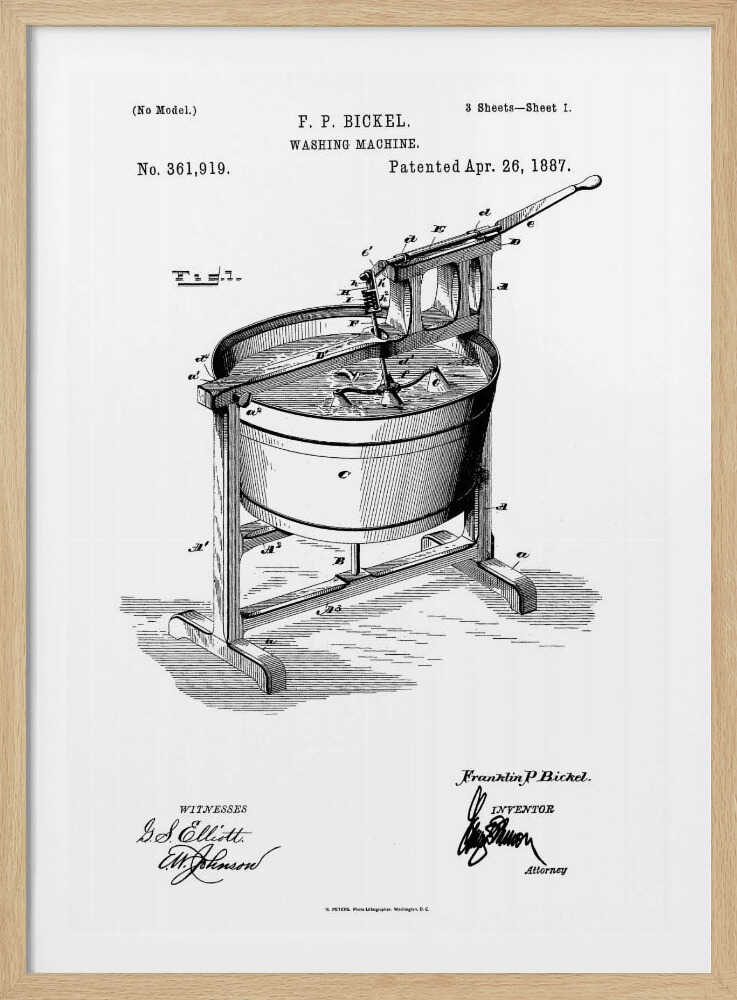 A framed black and white patent illustration for F. P. Bickel's washing machine, patented April 26, 1887. The detailed technical drawing shows an early manual washing machine with a tub on a stand and a hand-cranked agitator. Decor