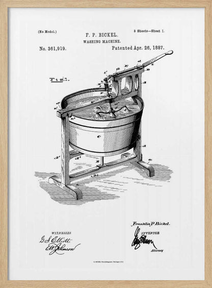 A framed black and white patent illustration for F. P. Bickel's washing machine, patented April 26, 1887. The detailed technical drawing shows an early manual washing machine with a tub on a stand and a hand-cranked agitator. Decor