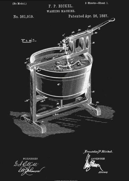 A framed, black and white patent illustration for a washing machine, invented by F. P. Bickel and patented on April 26, 1887. The technical drawing shows a tub on a stand with a hand-cranked agitator mechanism, rendered in white lines on a black background. Print