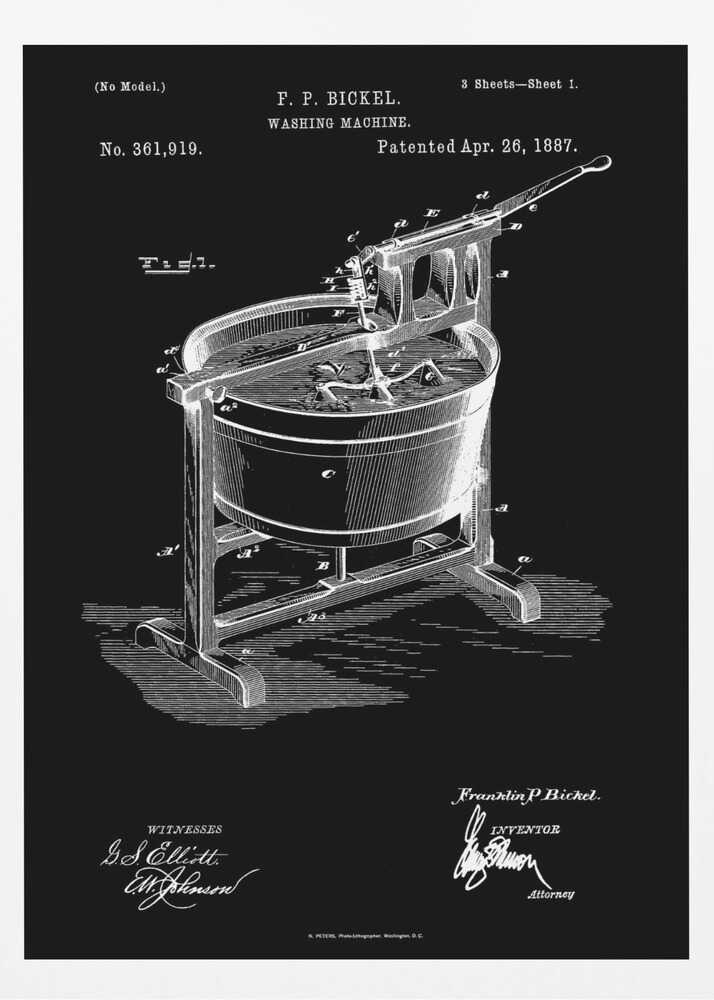 A framed, black and white patent illustration for a washing machine, invented by F. P. Bickel and patented on April 26, 1887. The technical drawing shows a tub on a stand with a hand-cranked agitator mechanism, rendered in white lines on a black background. Print